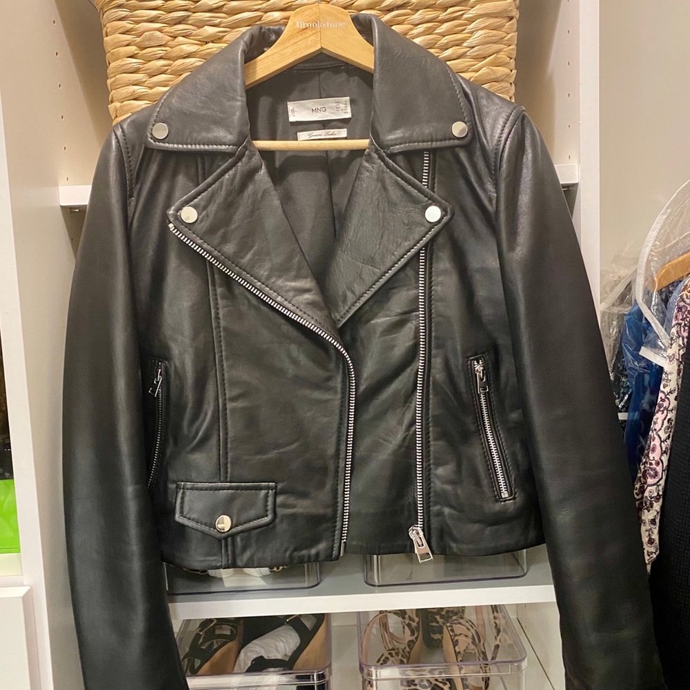 Mango lapeled leather biker jacket
